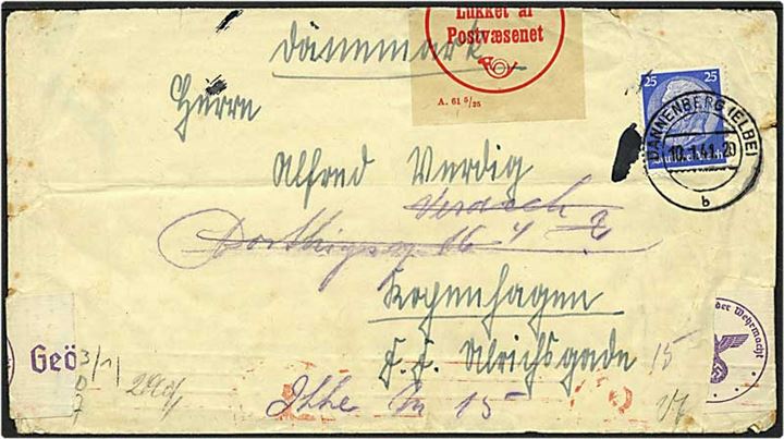25 pfennig blå på brev fra Danneberg, Tyskland, d. 10.1.1941 til København. Tysk censur. Lukket af postvæsenet, A. 61 5/25.