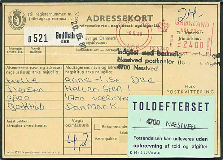 24 kr. firmafranko på adressekort for pakke fra Godthåb d. 6.5.1980 til Næstved. Stemplet: Indgået med beskadiget emballage Næstved postkontor ....