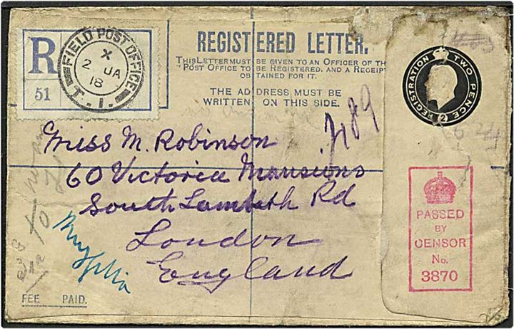 Rec. feltpost brev d. 2.1.1918 til London, England. Engelsk censur.