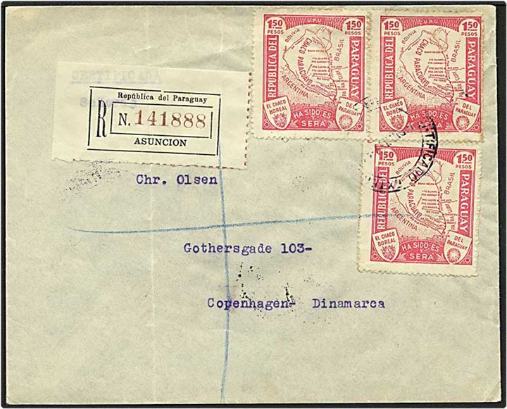 1,50 pesos rød på brev fra Asuncion, Paraguay, til København d. 3.1.1936.