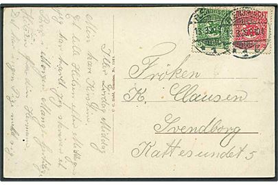 5 pfg. og 10 pfg. Fælles udg. på brevkort fra Flensburg d. 13.3.1920 til Svendborg, Danmark.