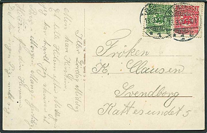 5 pfg. og 10 pfg. Fælles udg. på brevkort fra Flensburg d. 13.3.1920 til Svendborg, Danmark.