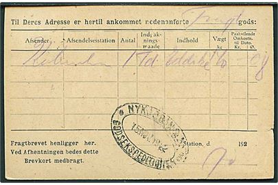 8/3 øre Provisorium på lokalt De Danske Statsbaner adviskort i Nykjøbing Falster d. 15.11.1922. På bagsiden privat jernbanestempel Nykjøbing F. * Godsekspeditionen *.
