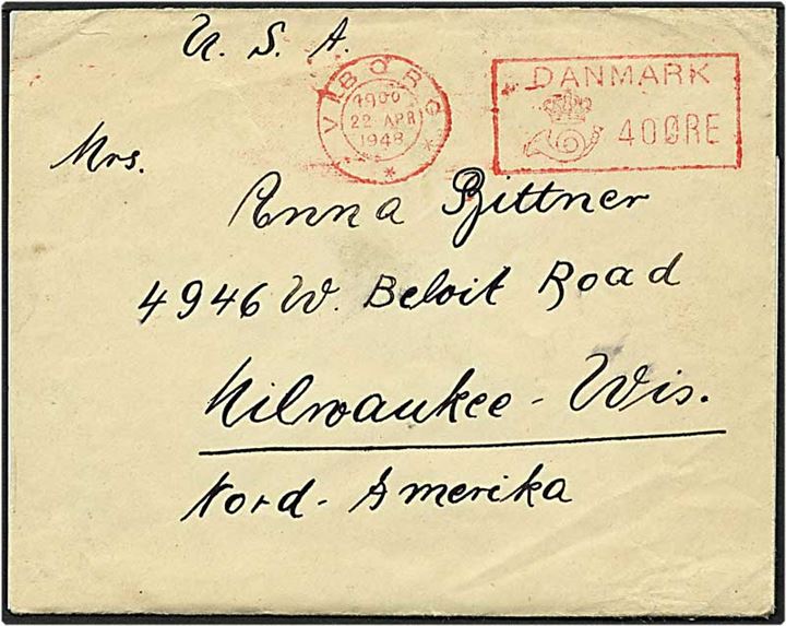 Franco stemplet brev fra flygtninge lejren ved Grove Gedhus d. 22.4.1948 til Milwaukee, USA. Bagsiden rødt Grove Gedhus stempel!