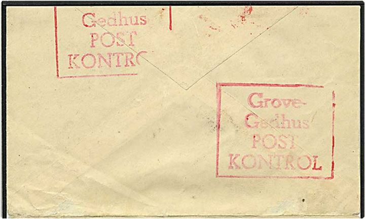 Franco stemplet brev fra flygtninge lejren ved Grove Gedhus d. 22.4.1948 til Milwaukee, USA. Bagsiden rødt Grove Gedhus stempel!