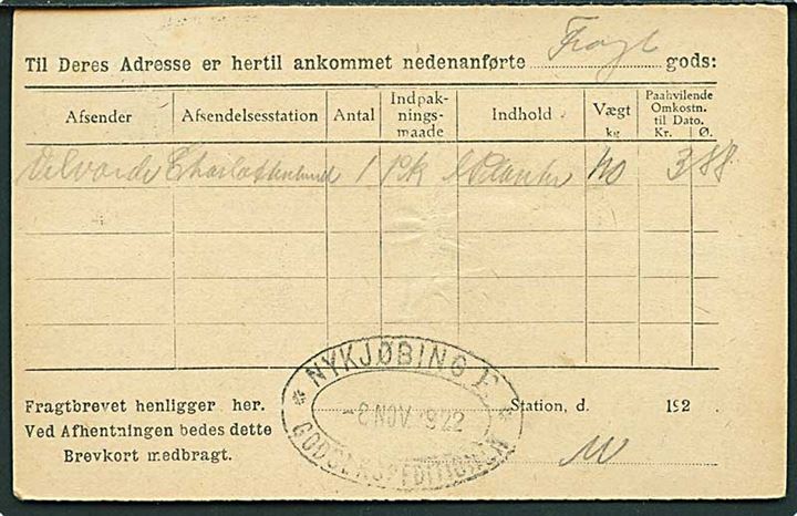 8/3 øre Provisorium på lokalt De Danske Statsbaner adviskort i Nykjøbing Falster d. 8.11.1922. På bagsiden privat jernbanestempel Nykjøbing F. * Godsekspeditionen *.