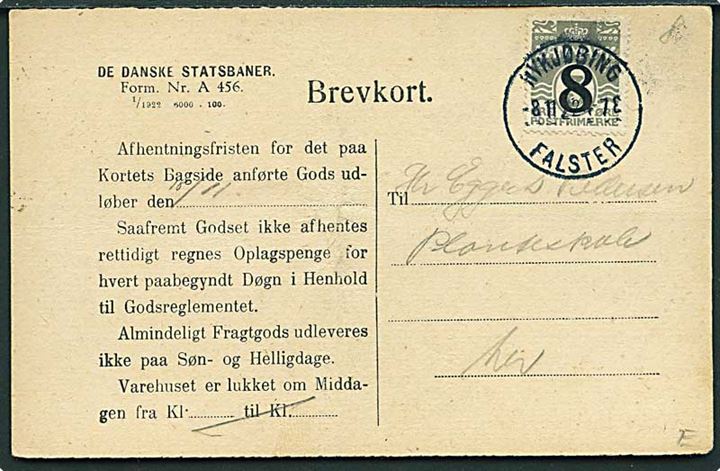8/3 øre Provisorium på lokalt De Danske Statsbaner adviskort i Nykjøbing Falster d. 8.11.1922. På bagsiden privat jernbanestempel Nykjøbing F. * Godsekspeditionen *.
