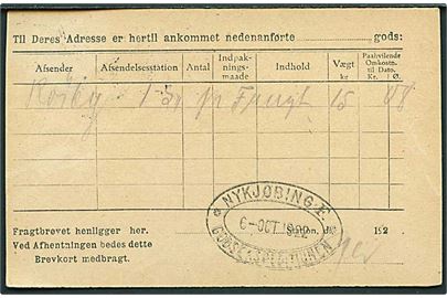 8/3 øre Provisorium på lokalt De Danske Statsbaner adviskort i Nykjøbing Falster d. 6.10.1922. På bagsiden privat jernbanestempel Nykjøbing F. * Godsekspeditionen *.