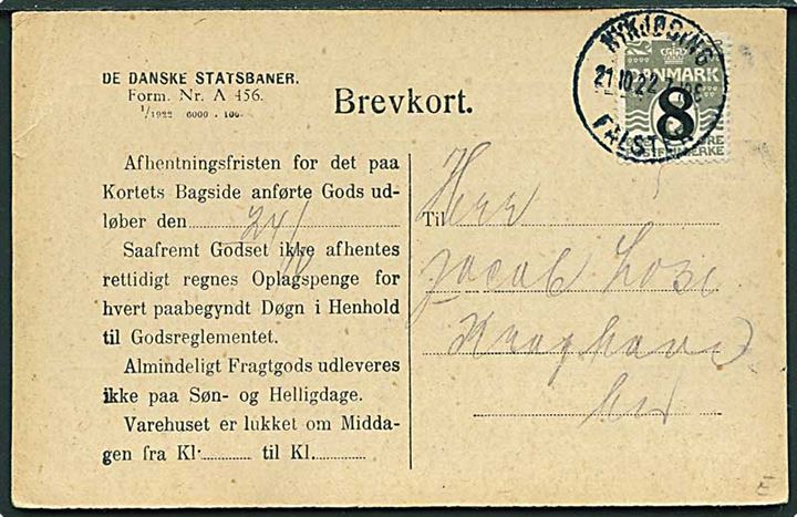 8/3 øre Provisorium på lokalt De Danske Statsbaner adviskort i Nykjøbing Falster d. 21.10.1922. På bagsiden privat jernbanestempel Nykjøbing F. * Godsekspeditionen *.