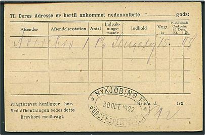 8/3 øre Provisorium på lokalt De Danske Statsbaner adviskort i Nykjøbing Falster d. 30.10.1922. På bagsiden privat jernbanestempel Nykjøbing F. * Godsekspeditionen *.