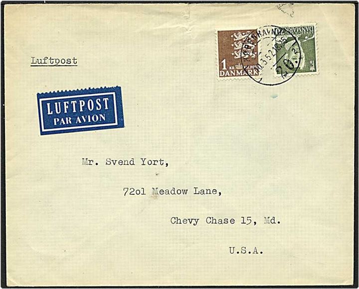 70 øre Fr. IX og 1 kr. Rigsvåben på 1,70 kr. frankeret luftpostbrev fra København d. 10.3.1952 til Chevy Chase, USA.