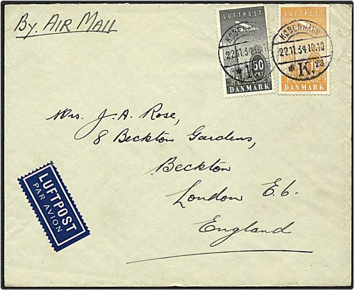 10 øre orange og 50 øre grå ny luftpost på luftpost brev fra København d. 22.11.1934 til London, England.