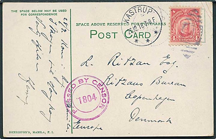 4 c. McKinley på brevkort (Binondo Canal) fra Manila d. 28.7.1918 til L. Ritzau, Ritzaus Bureau, København. Transit stemplet Kastrup d. 26.12.1918. Lilla censur Passed by Censor 1804. 