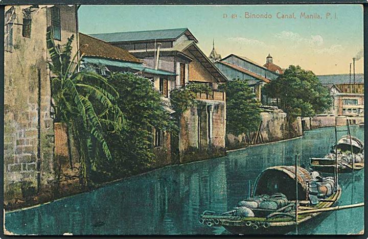 4 c. McKinley på brevkort (Binondo Canal) fra Manila d. 28.7.1918 til L. Ritzau, Ritzaus Bureau, København. Transit stemplet Kastrup d. 26.12.1918. Lilla censur Passed by Censor 1804. 