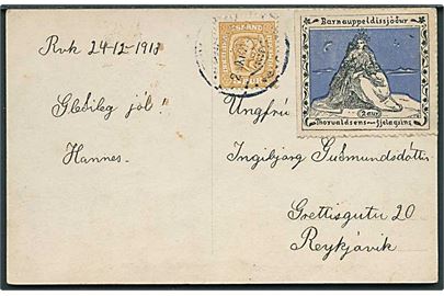 3 aur To Konger og Thorvaldsen forening 2 aur Julemærke 1913 på lokalt brevkort i Reykjavik d. 2.12.1913.