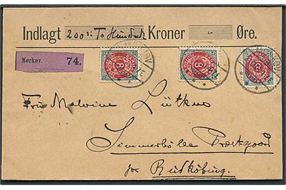 8 øre Tofarvet omv. rm. (3) på værdibrev fra Mørkøv d. 21.12.1901 til Simmerbølle Præstegaard pr. Rudkjøbing.
