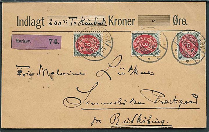 8 øre Tofarvet omv. rm. (3) på værdibrev fra Mørkøv d. 21.12.1901 til Simmerbølle Præstegaard pr. Rudkjøbing.