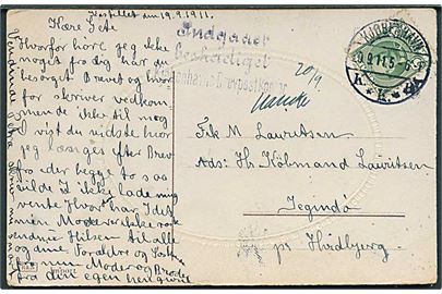 5 øre Fr. VIII på brevkort fra Kjøbenhavn d. 20.9.1911 til Jegindø pr. Hvidbjerg. Stemplet: Indgaaet beskadiget / Kjøbenhavns Brevpostkontor.