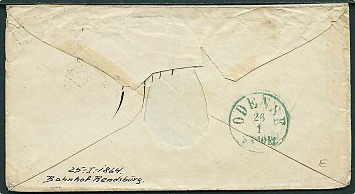 4 sk. stukken kant (2) på dobbeltbrev annulleret med nr.stempel 194 og sidestemplet Bahnhof Rendsburg d. 25.1.1864 til Odense. Nusset brev.