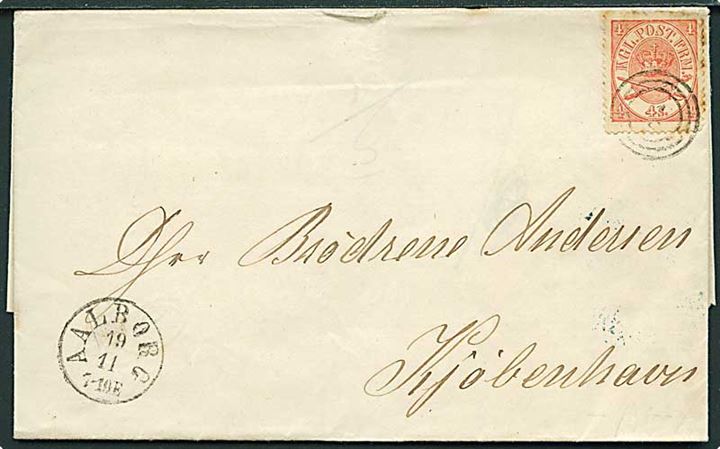 4 sk. Krone/Scepter på brev annulleret med nr.stempel 4 og sidestemplet antiqua Aalborg d. 19.11.1868 til Kjøbenhavn.