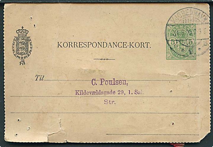 5 øre helsags-korrespondancekort sendt lokalt i Kjøbenhavn d. 31.3.1905. Indeholder nål fra Bryggeriarbeiderforeningen 1881. Medtaget med dekorativ.