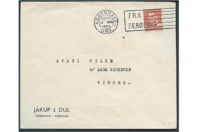 30 øre Fr. IX på brev annulleret med skibs-TMS Fra Færøerne/København OMK. sn2 d. 11.8.1953 til Viborg.