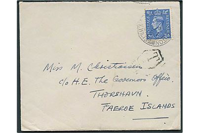 Engelsk 2½d George VI på underfrankeret brev d. 28.11.194x til Thorshavn, Færøerne. Engelsk T-stempel, men ikke udtakseret i porto på Færøerne.