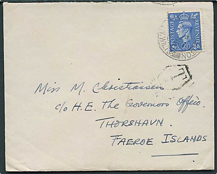 Engelsk 2½d George VI på underfrankeret brev d. 28.11.194x til Thorshavn, Færøerne. Engelsk T-stempel, men ikke udtakseret i porto på Færøerne.