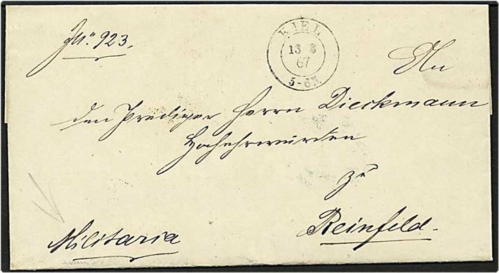 1867. Militaria brev fra Kiel d. 13.3.1867 til Reinfeld. På bagsiden bureau rammestempel Post-Sped.-Bur Hamburg - Lübeck og ank.stempel i Reinfeld d. 14.3.1867.