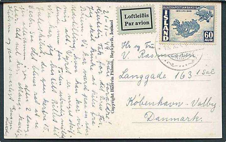 60 aur UPU på luftpost brevkort fra Reykjavik d. 18.11.1949 til København.