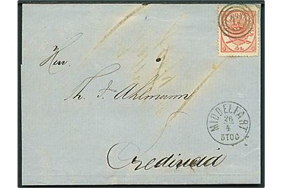 4 sk. Krone/Scepter på brev annulleret med nr.stempel 42 og sidestemplet lapidar Middelfart d. 26.4.1870 til Fredericia.