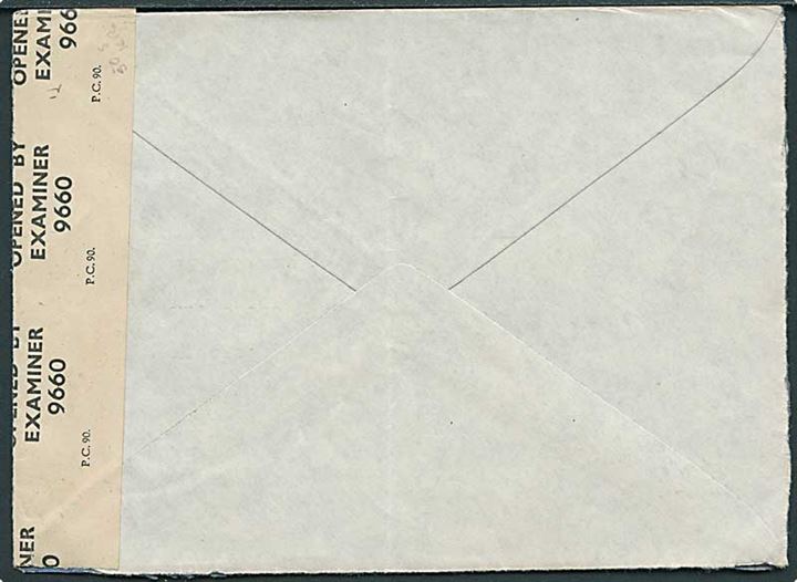60 aur Gullfoss single på brev annulleret med svagt stempel i Reykjavik til London, England. Åbnet af britisk censur PC90/9660.