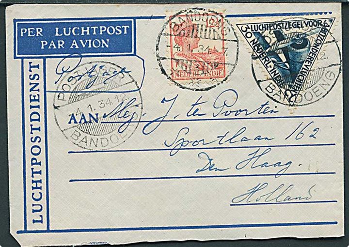 12½ c. og 30 c. Luftpost udg. på lille luftpostbrev stemplet Bandoeng og Postjager Bandoeng d. 4.1.1934 til Haag, Holland.