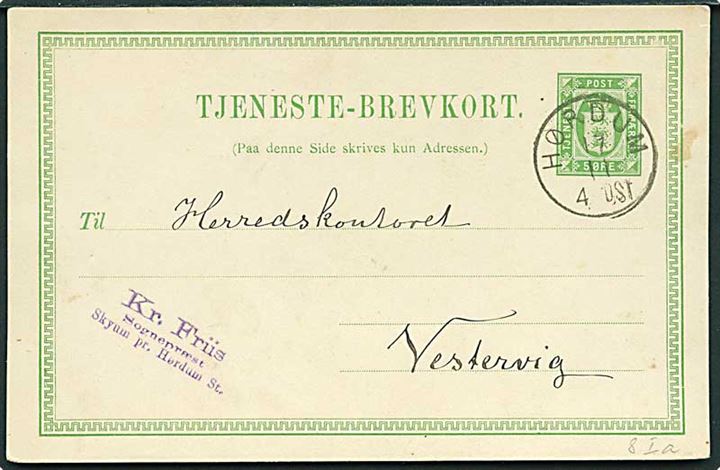 5 øre Tjenestebrevkort annulleret med lapidar Hørdum d. 17.11.1890 til Vestervig.