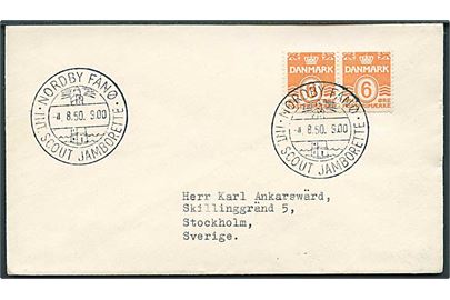 6 øre Bølgelinie i parstykke på tryksag annulleret med spejder stempel Nordby Fanø Int. Scout Jamborette d. 4.8.1950 til Stockholm, Sverige.