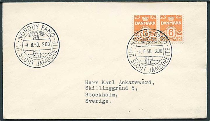 6 øre Bølgelinie i parstykke på tryksag annulleret med spejder stempel Nordby Fanø Int. Scout Jamborette d. 4.8.1950 til Stockholm, Sverige.