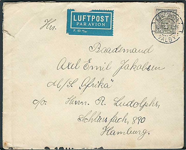 50 øre Chr. X på luftpostbrev fra København Valby d. 16.11.1935 til sømand ombord på M/S Afrika i Hamburg, Tyskland. På bagsiden bureaustempel Hamburg - Flensburg Zug 130 d. 17.11.1935.