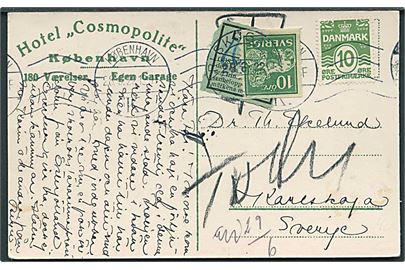 10 øre Bølgelinie på underfrankeret brevkort fra København d. 28.6.1922 til Karlskoga, Sverige. Grøn Lösen etiket og 10 öre Løve som portomærke.