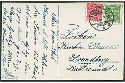 5 pfg. og 10 pfg. Fælles udg. på brevkort (Havneparti fra Flensburg) stemplet Sonderburg **c d. 10.3.1920 til Svendborg, Danmark.
