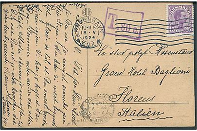 15 øre Chr. X på underfrankeret brevkort fra København d. 18.5.1924 til Florens, Italien. Violet portostempel: T. 30c.