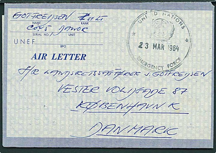 Ufrankeret UNEF Air Letter stemplet United Nations Emergency Force d. 23.3.1964 til København. Dateret Camp Rafah fra dansk FN-soldat i Coy 5 DANOR Bn, UNEF.