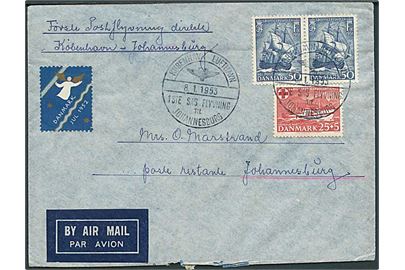 50 øre Søofficersskolen i parstykke og 25+5 øre Jutlandia på 1.-flyvningsbrev stemplet København Lufthavn 1ste SAS Flyvning til Johannesburg d. 8.1.1953 til poste restante i Johannesburg, Sydafrika.