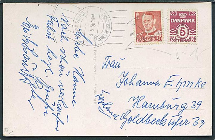 5 øre Bølgelinie og 30 øre Fr. IX på brevkort annulleret med håndrulle skibsstempel Dansk Søpost Gedser - Grossenbrode d. 3.9.1956 til Hamburg, Tyskland.