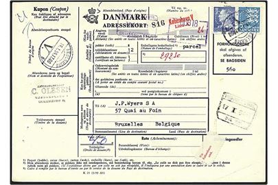 60 øre blå Fr. IX og 5 kr. blå rigsvåben på adressekort fra København d. 14.1.1954 til Bruxelles, Belgien. Mærkerne med perfin - C.51 - C. Olesen.