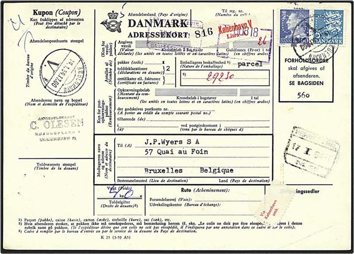 60 øre blå Fr. IX og 5 kr. blå rigsvåben på adressekort fra København d. 14.1.1954 til Bruxelles, Belgien. Mærkerne med perfin - C.51 - C. Olesen.