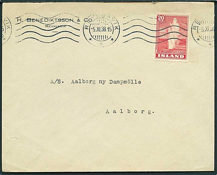 20 aur Geysir single på brev fra Reykjavik d. 5.11.1938 til Aalborg, Danmark.