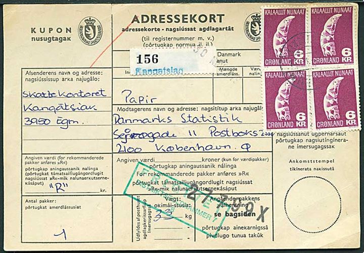 6 kr. Tupilak (4) på adressekort for pakke annulleret med pr.-stempel Kangatsiaq pr. Egedesminde d. 13.11.1979 til København.