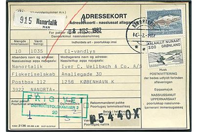 3 kr. Træsnit og 25 kr. Torsk på adressekort for pakke fra Nanortalik d. 14.2.1982 til København.