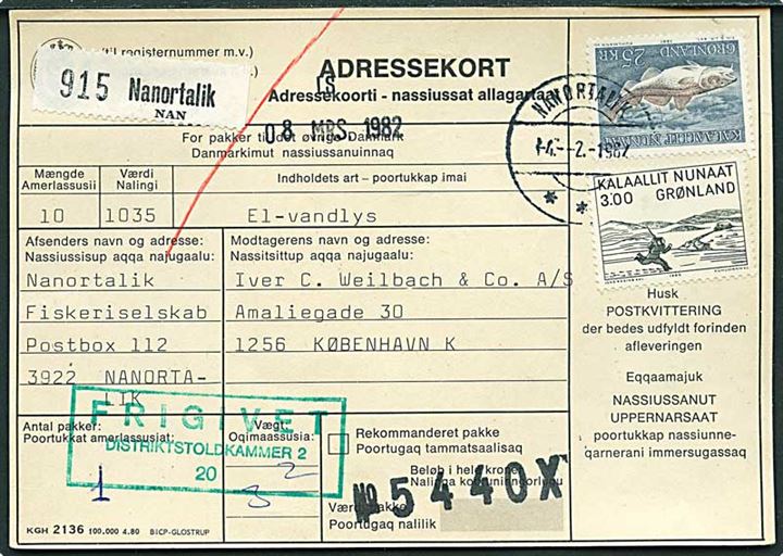 3 kr. Træsnit og 25 kr. Torsk på adressekort for pakke fra Nanortalik d. 14.2.1982 til København.