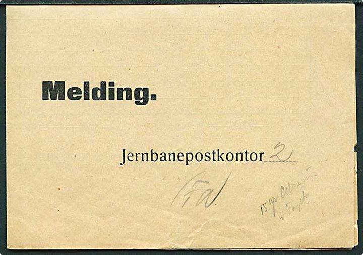 Melding til Jernbanepostkontor 2 - formular A.2003 10/37 (A4) med bureaustempel Fredericia - Struer T.346 d. 26.1.1941.